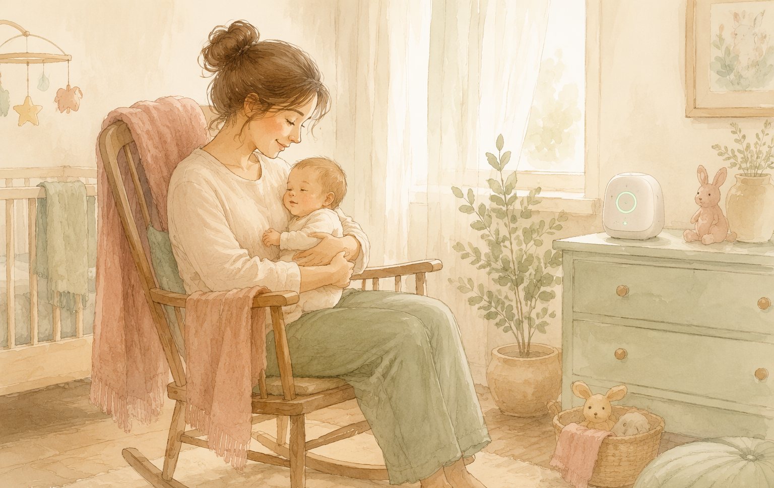 A parent holding a baby in a warm nursery with a Coddie wellness device glowing nearby